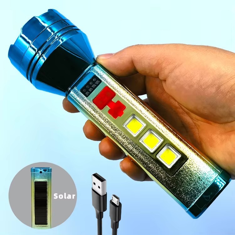 Plastic Flashlight Power Display Rechargeable Long Range Waterproof Lantern Outdoor Solar Strong Light Cob Torch