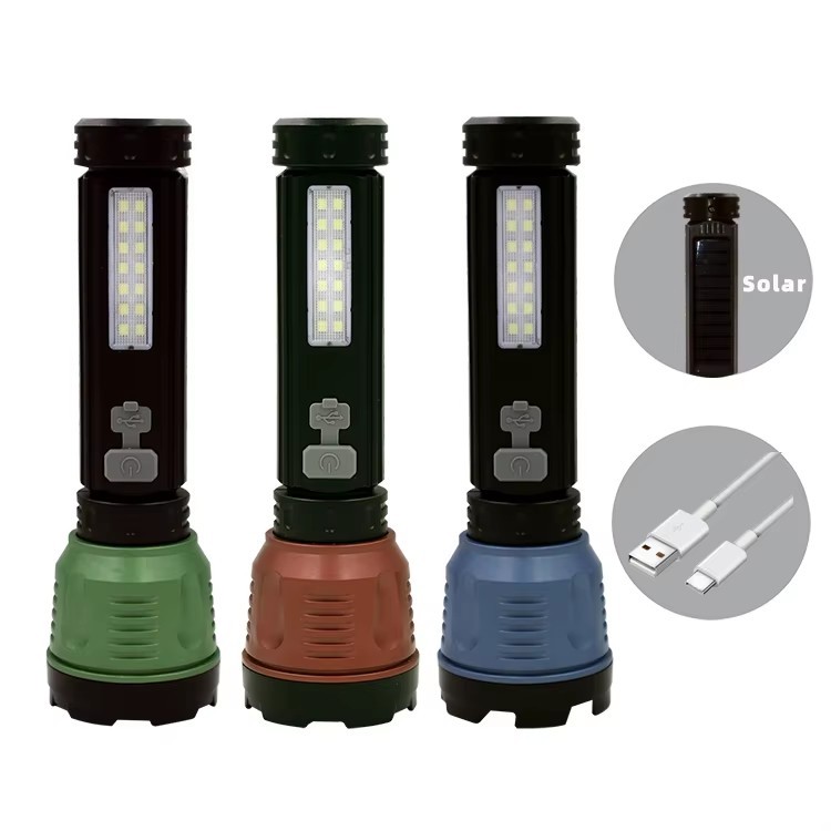 COB Side Light Zoomable Solar Plastic Rechargeable Type-c Flashlight Emergency Outdoor Flashlight Strong Light Torch