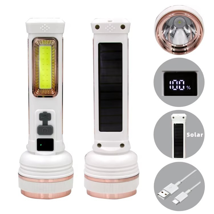 Solar COB Side Light Plastic Torch Long Range Numerical Power Digital Display Flashlight Multifunctional Outdoor Flashlight