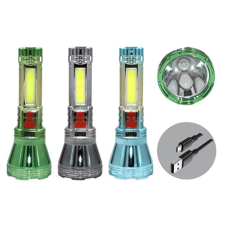 High-Power Plastic ABS LED Flashlight Long-Life USB Rechargeable Strong Light for Outdoor Camping & Hiking with Side Options
