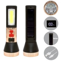 3W Rechargeable LED Solar Cob Flashlight Strong 150lm Light Digital Power Display USB Charging Waterproof Outdoor Emergency