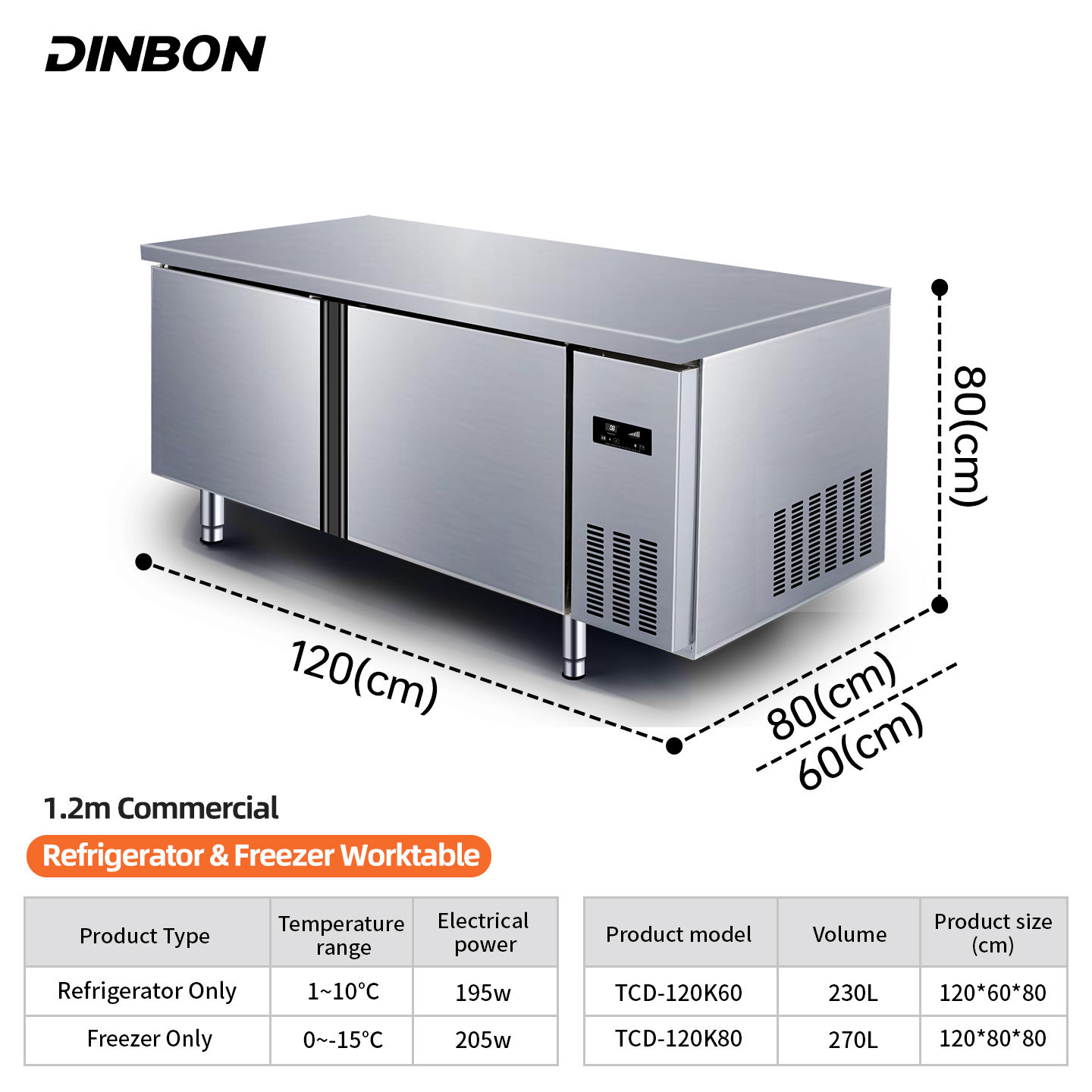 1.2m Professional Heavy Duty Stainless Steel 304 Commercial Kitchen Refrigerated Workbench for Restaurant