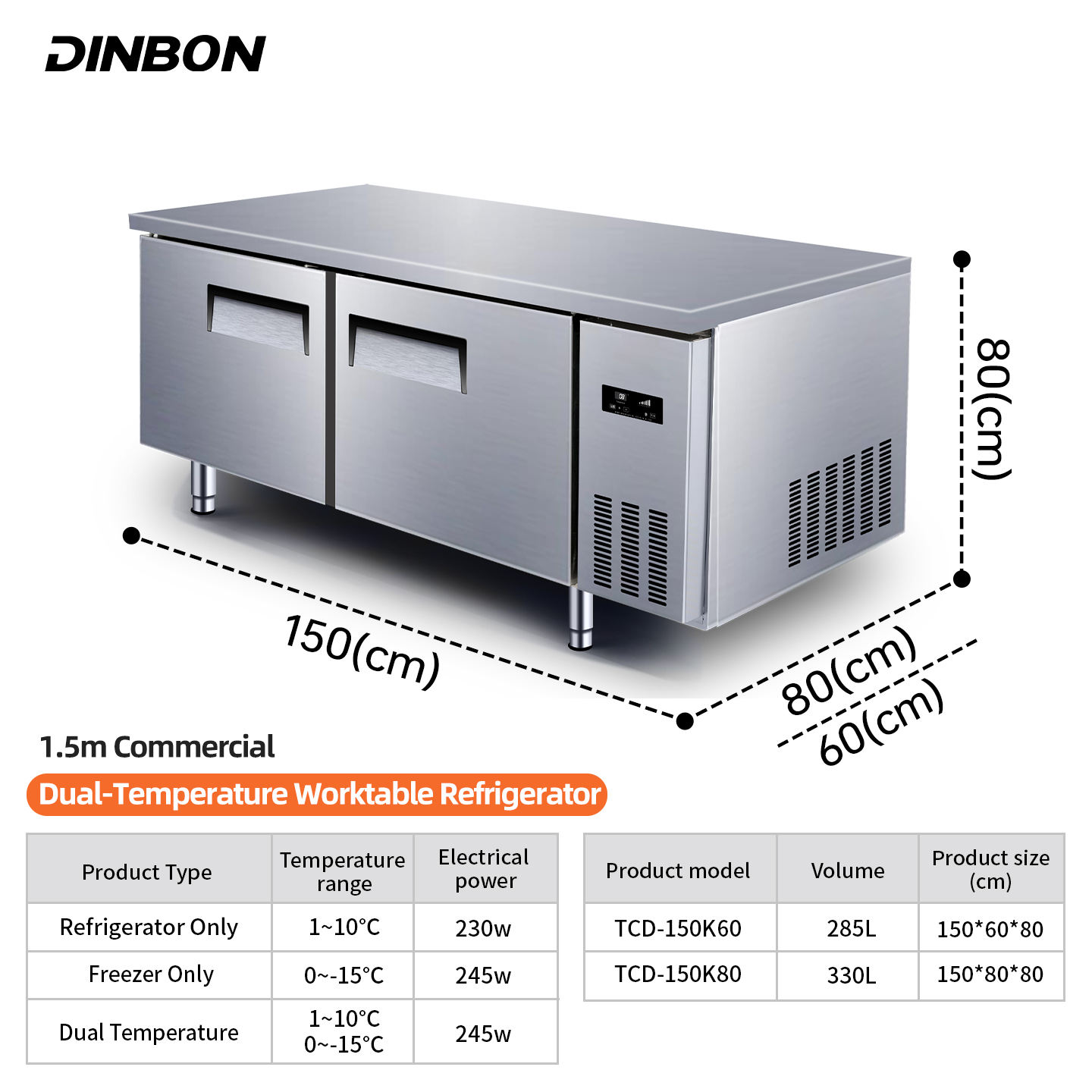 1.5m High Performance Full Stainless Steel Commercial Kitchen Worktop Freezer with Fan Cooling for Bakery and Cafe Use